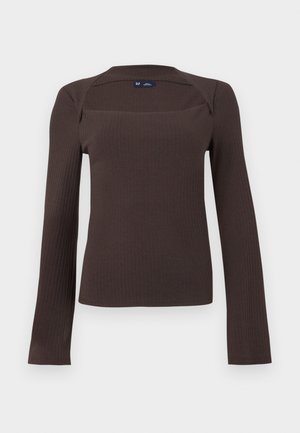 Donkerbruin geribd shirt met lange mouwen, vierkante halslijn en een subtiele kraagdetail, maat small van GAP, afgebeeld op een eenvoudige achtergrond.