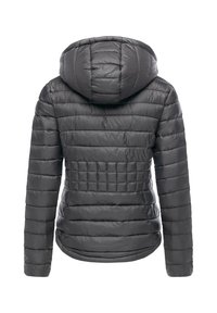 Dark gray quilted puffer jacket with horizontal stitching, long sleeves, and attached hood, shown from the back against a white background.