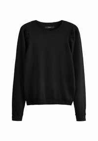 Sweater noir en tricot avec col rond, manches longues et poignets côtelés. Présente des détails découpés décoratifs sur les coutures des épaules.