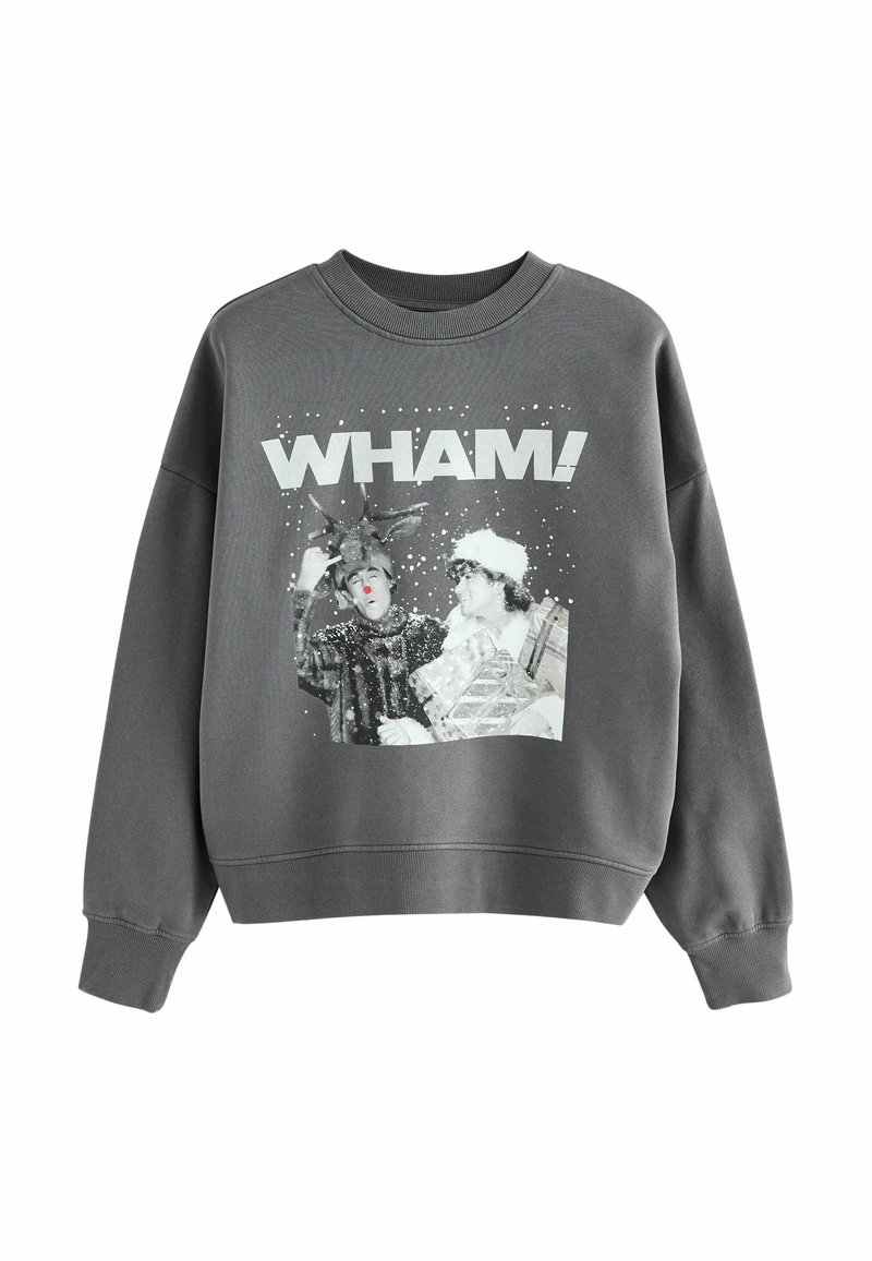 Szary sweatshirt z grafiką dwóch postaci otoczonych śniegiem, z napisem "WHAM!" powyżej w białym kolorze. Posiada prążkowany dekolt i mankiety.