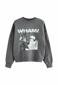 Grauer Sweatshirt mit einem Grafikdesign von zwei Figuren, umgeben von Schnee, und dem weißen Text "WHAM!" darüber. Mit geripptem Kragen und Bündchen.