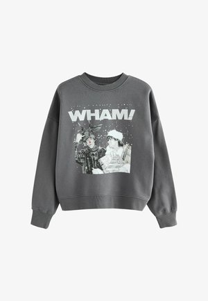 Grauer Sweatshirt mit einem Grafikdesign von zwei Figuren, umgeben von Schnee, und dem weißen Text "WHAM!" darüber. Mit geripptem Kragen und Bündchen.
