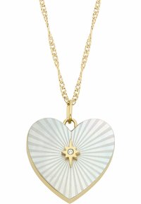 Collier chaîne en or avec un pendentif en forme de cœur arborant un design rayé irisé et un accent central en forme d'étoile avec une pierre précieuse claire.