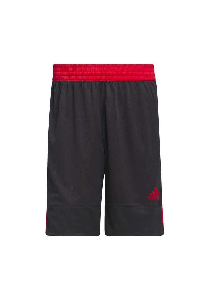 Schwarze Sportshorts mit einem roten elastischen Bund, mit roten seitlichen Akzenten und einem Adidas-Logo am unteren rechten Bein.