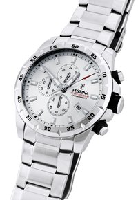 Stříbrné nerezové ocelové chronografické hodinky s bílým ciferníkem, třemi subciferníky, černými akcenty a designem náramku z článků. Vodotěsné do 10 barů.