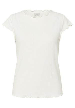 White ribbed t-shirt with short, scalloped sleeves and a scalloped neckline. The fabric has a smooth texture with a fitted design.