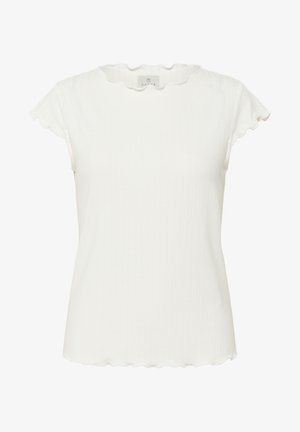 Witte geribde t-shirt met korte, gegolfde mouwen en een gegolfde halslijn. De stof heeft een gladde textuur en een aansluitend ontwerp.