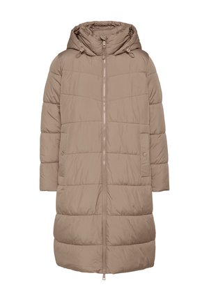 Lange, beige Daunenjacke mit Kapuze, gestepptem Design, Frontreißverschluss und seitlichen Taschen. Bietet eine lockere Passform und minimalistisches Design.
