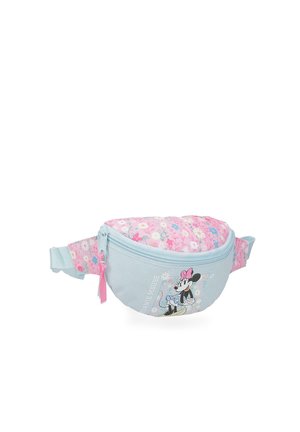 Riñonera floral azul claro y rosa con cremallera, con gráfico de Minnie Mouse y correa ajustable.