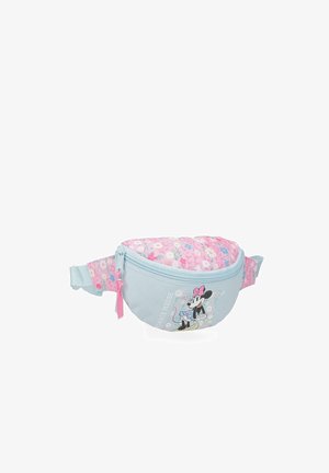 Riñonera floral azul claro y rosa con cremallera, con gráfico de Minnie Mouse y correa ajustable.