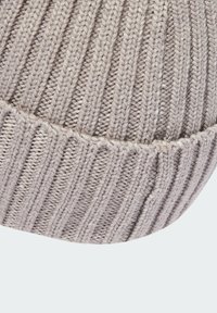 Light gray knit beanie with ribbed texture and a folded cuff. Made of soft yarn, featuring visible stitching and a slouchy design.