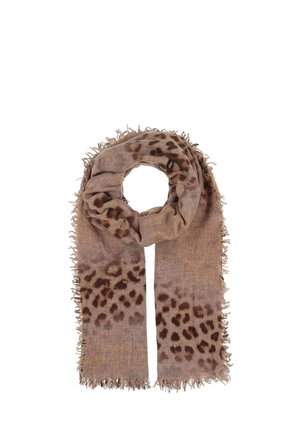 Foulard à motifs léopard dans des tons marron, en matériau doux, avec des bords à franges et une forme rectangulaire, drapé en une boucle lâche.