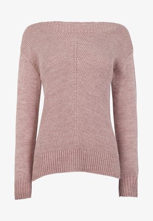 Pull en maille côtelée mauve clair avec manches longues et encolure bateau, présentant un motif vertical central ainsi que des poignets et un ourlet ajustés.