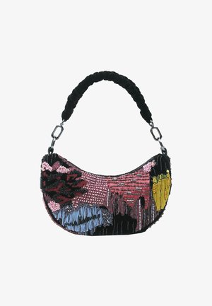 Geantă mică în formă de semilună, cu mâner din catifea neagră și un design abstract colorat, brodat cu mărgele în nuanțe de roz, albastru, galben și negru.