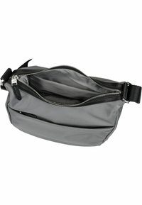 Borsa a tracolla grigia in nylon con superficie testurizzata, grande scomparto principale, tasca frontale con zip e tracolla regolabile. Finiture in metallo argentato.