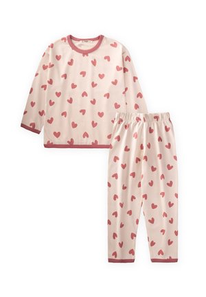 Pikad varrukad ja püksid komplekt helesinises värvitoonis, millel on punased südame mustrid. Kontrastne punane ääris kaeluses ja pükste allservas. Pehme puuvillane kangas.