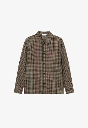 Brown checkered button-up shirt with a spread collar, featuring black buttons, long sleeves, and a textured wool blend fabric.