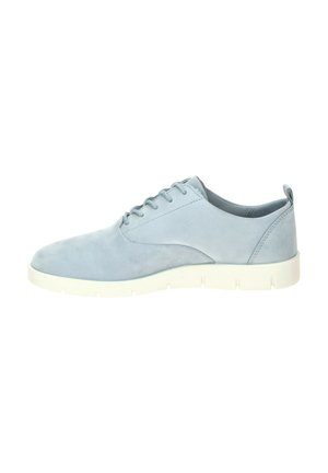 Light blue lace-up casual shoe with white sole, low cut collar, and pull tab on the heel, shown from the outer side.
