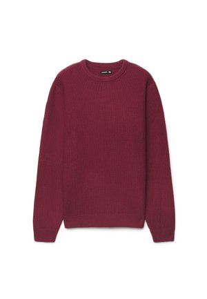 Maglione da uomo a maniche lunghe in tessuto lavorato a maglia strutturata, colore rosso scuro, scollo tondo, taglia XL, mostrato su sfondo bianco.