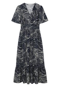 Robe midi bleu marine avec motif abstrait de feuilles blanches, col en V, manches courtes volantées, taille cintrée et ourlet à volants.