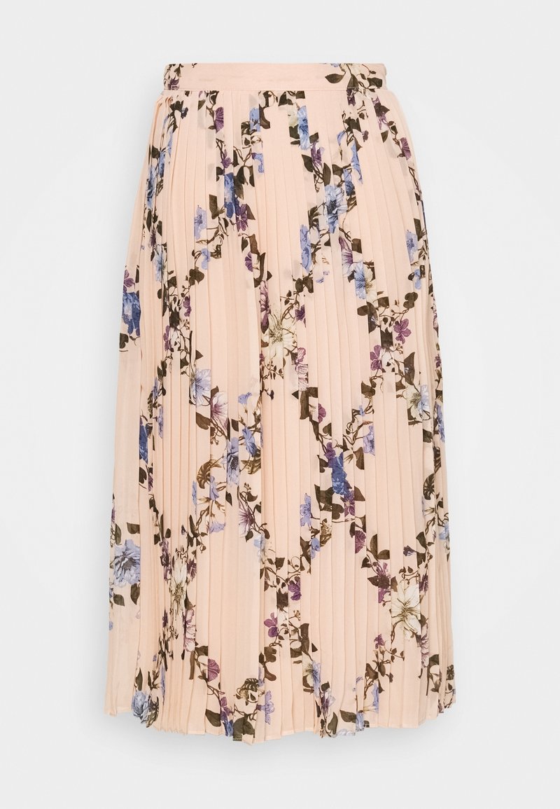 Jupe midi plissée couleur pêche douce avec un motif floral comprenant des fleurs bleues, violettes et brunes ainsi que des feuilles.