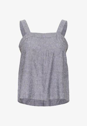 Szary lniany top na ramiączkach z szerokimi paskami, okrągłym dekoltem i marszczeniami w okolicy biustu. Luźny krój z lekko zaokrąglonym dołem.