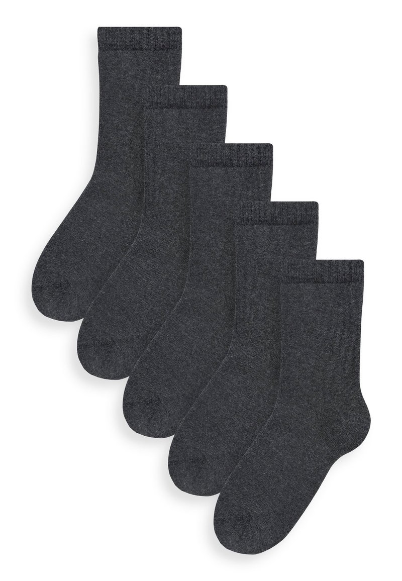 Fem par mørkegrå sokker lavet af et glat tekstilmateriale. De har en ribbet kant og et klassisk crew-længde design.