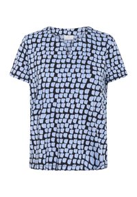 Blauwe en zwarte korte mouwen blouse met een textuurpatroon van onregelmatige vormen, met een V-hals en een relaxte pasvorm.