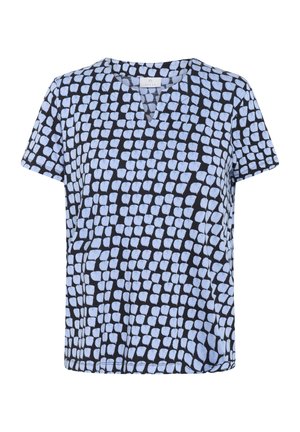 Blå og sort kortærmet bluse med et tekstureret mønster af uregelmæssige former, med en V-udskæring og en afslappet pasform.