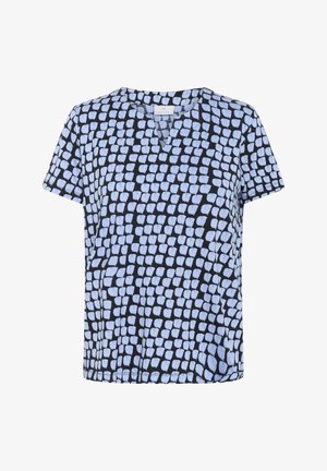 Bluză scurtă cu mânecă, bleu și neagră, cu un model texturat de forme neregulate, cu decolteu în V și o croială lejeră.