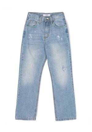 Jeans in denim azzurro chiaro con vestibilità rilassata, caratterizzati da abrasioni visibili, chiusura a bottone e design classico a cinque tasche.