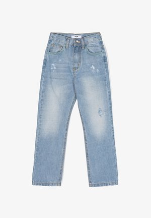 Jeans in denim azzurro chiaro con vestibilità rilassata, caratterizzati da abrasioni visibili, chiusura a bottone e design classico a cinque tasche.