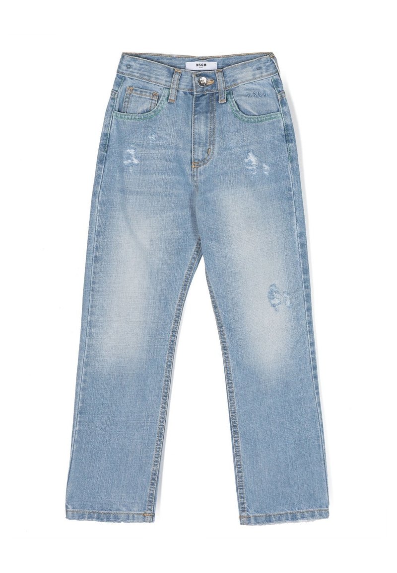 Jeans in denim azzurro chiaro con vestibilità rilassata, caratterizzati da abrasioni visibili, chiusura a bottone e design classico a cinque tasche.