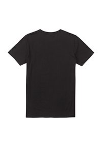 Schwarzes Baumwoll-T-Shirt mit rundem Halsausschnitt und kurzen Ärmeln, mit einem schlichten Rücken und weichem Material. Keine Muster oder Akzente.