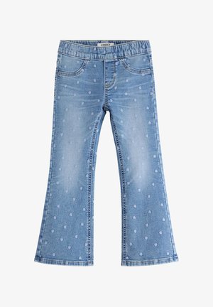 Lyseblå vidde denimjeans med små hjerte-mønstre, forlommer og en Lindex-label på den elastiske linningen.