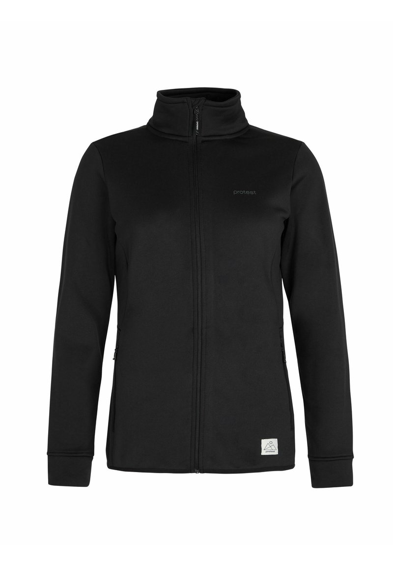 Schwarze Zip-up-Fleecejacke, hoher Kragen, lange Ärmel, Seitentaschen, weiche Textur, mit Logodetail auf der linken Brust, normale Passform.