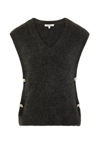Maglione senza maniche grigio scuro a maglia con scollatura a V profonda, dotato di bottoni decorativi sul lato e un tessuto morbido e texturizzato.