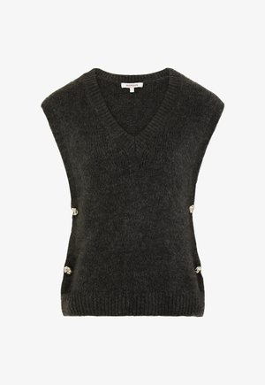 Dunkelgrauer gestrickter ärmelloser Pullover mit tiefem V-Ausschnitt, der dekorative Knöpfe an der Seite und einen weichen, strukturierten Stoff aufweist.