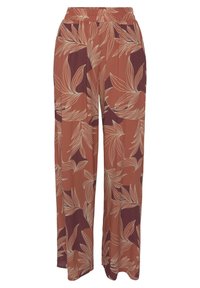 Wijde broek in aardetinten met een bloemenpatroon in crème en bordeaux, voorzien van een elastische tailleband voor comfort en gemak.
