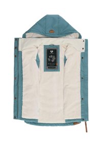 Teal outer jacket with a fur lining, featuring a hood, button closures, and a label with a floral design on the inner side.