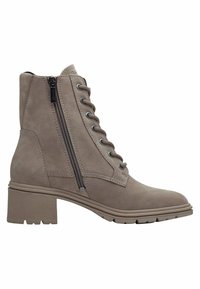 Botte de cheville en suède gris clair avec un laçage à l'avant, une fermeture éclair sur le côté et un talon bloc. Comprend des détails de couture et une semelle extérieure en caoutchouc durable.