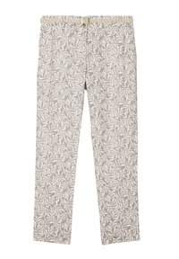 Lichtgrijze broek met een wit bladerenpatroon, voorzien van een geweven riem en een rechte pijp. De stof heeft een gladde textuur.