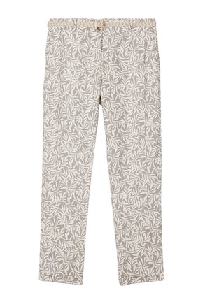 Lichtgrijze broek met een wit bladerenpatroon, voorzien van een geweven riem en een rechte pijp. De stof heeft een gladde textuur.