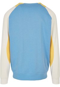 Vue arrière d'un sweat-shirt à manches longues avec corps bleu, manches blanches et patchs ovales jaunes sur les côtés près des aisselles.