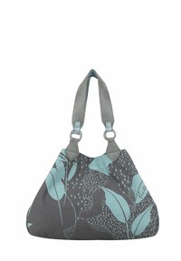 Borsa a spalla in tessuto grigio con un motivo di foglie in teal, dotata di due manici a spalla grigi e anelli in argento nei punti di connessione.