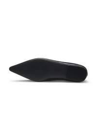 Semelle de chaussure plate noire à bout pointu, avec une surface antidérapante texturée sur la moitié avant et une zone de talon lisse, vue de dessous sur fond blanc.