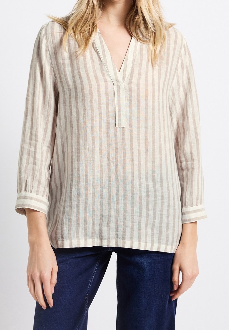Femme portant un chemisier ample beige et blanc à rayures verticales, manches longues, col en V et un jean bleu foncé.