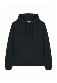 Felpa nera con cappuccio e coulisse, tasca frontale, polsini e orlo a costine, realizzata in morbido tessuto, caratterizzata da un design minimalista.