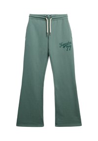 Groene katoenen blend sweatpants met een uitlopende pijp, verstelbare tailleband met trekkoord en een opdruk van het "Superdry 77" logo in donkergroen op de linker bovenbeen.