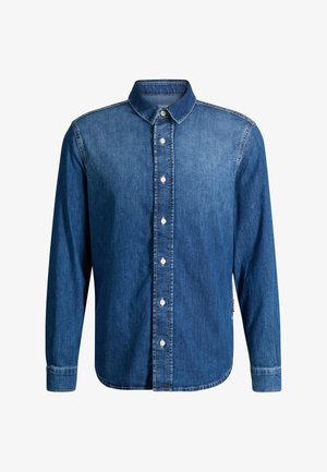 Long-sleeve denim shirt with button-up front, classic collar, and stitched seams, in a medium blue wash.